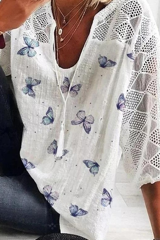 Women's Lace Blouse Butterfly Sleeves - VibreMode