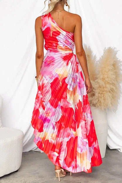 Women's One-Shoulder Maxi Dress Red Floral