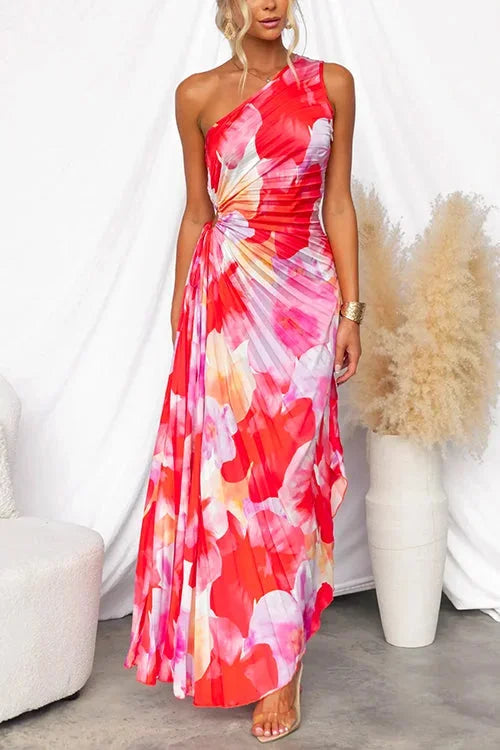 Women's One-Shoulder Maxi Dress Red Floral