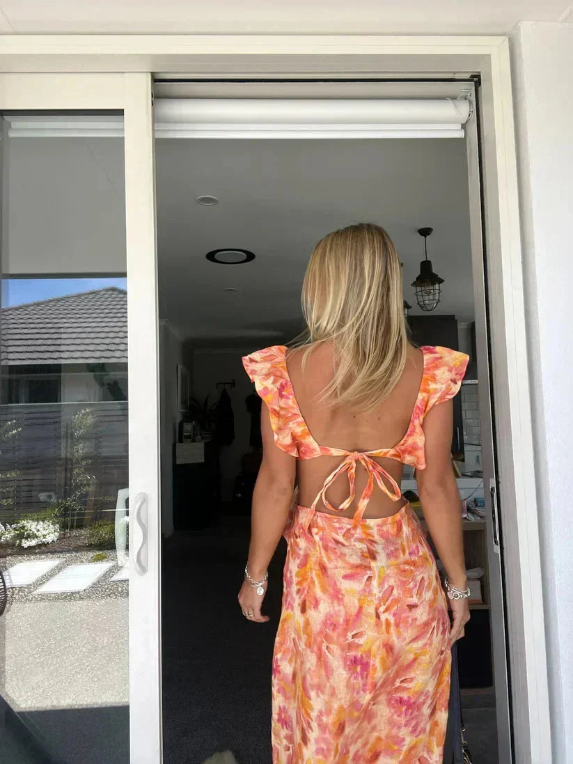 Women's Floral Ruffle Maxi Dress V-Neckline