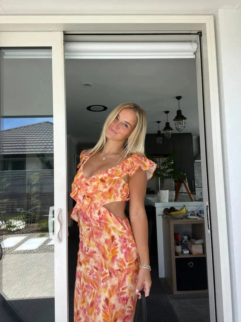 Women's Floral Ruffle Maxi Dress V-Neckline