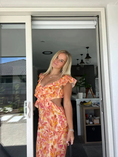 Women's Floral Ruffle Maxi Dress V-Neckline