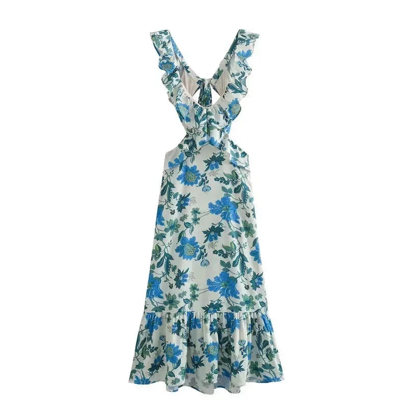 Women's Floral Ruffle Maxi Dress V-Neckline - VibreMode