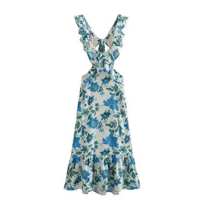 Women's Floral Ruffle Maxi Dress V-Neckline - VibreMode