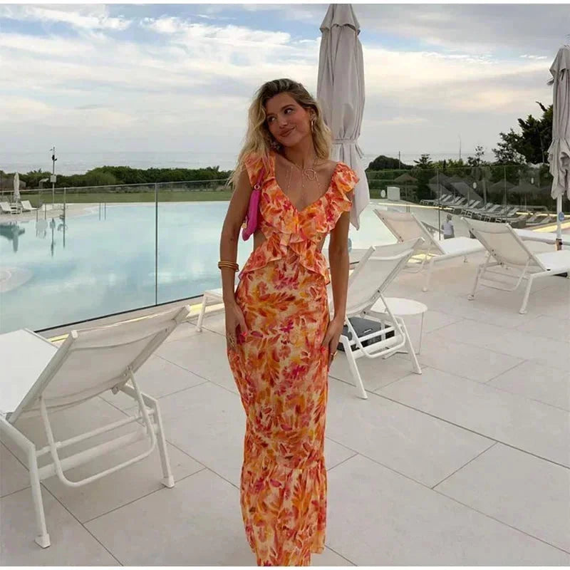 Women's Floral Ruffle Maxi Dress V-Neckline