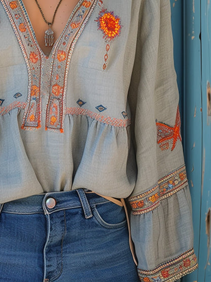 Women's Embroidered V-Neck Blouse Long Sleeve Cotton
