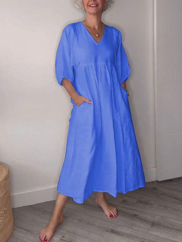 Elegant V Neck Waist Control Midi Dress with Pockets