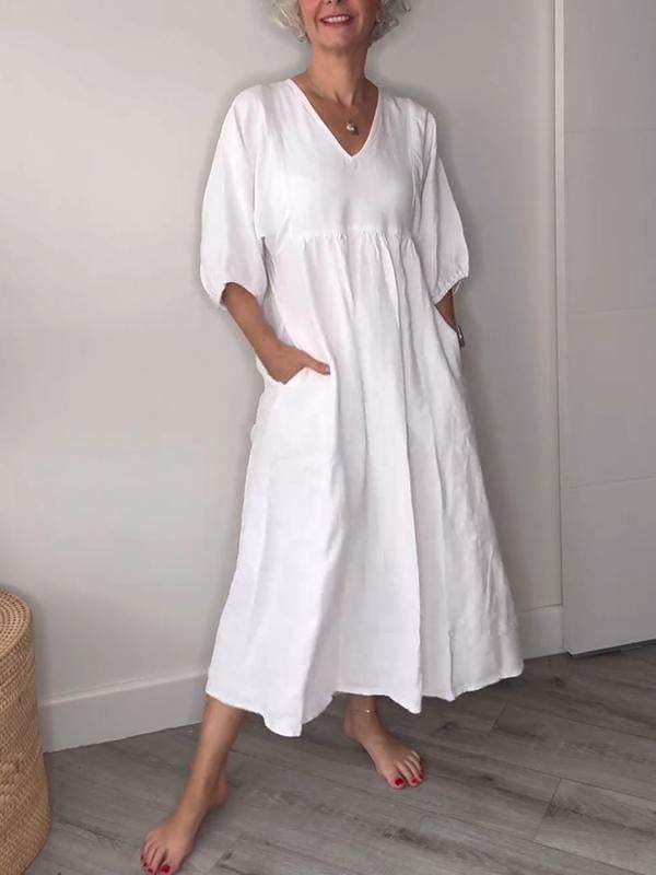 Elegant V Neck Waist Control Midi Dress with Pockets