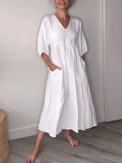 Elegant V Neck Waist Control Midi Dress with Pockets