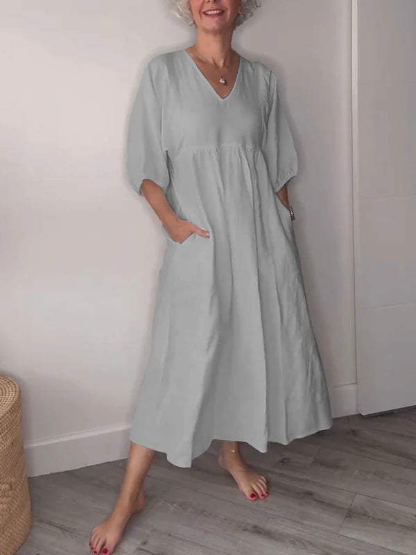 Elegant V Neck Waist Control Midi Dress with Pockets