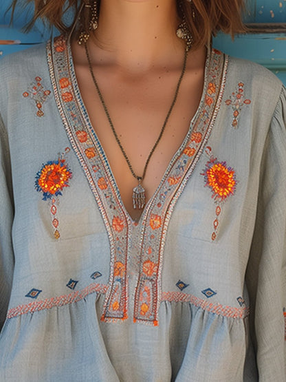 Women's Embroidered V-Neck Blouse Long Sleeve Cotton