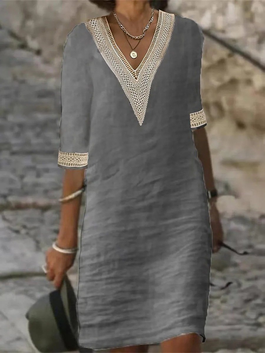 Women's Linen V-Neck Lace Dress - VibreMode