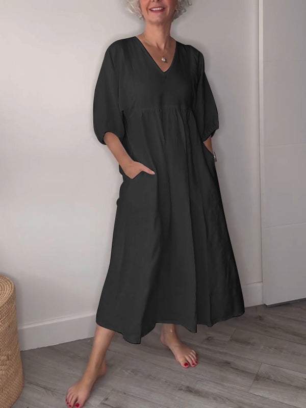 Elegant V Neck Waist Control Midi Dress with Pockets