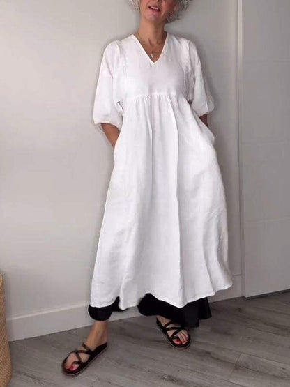 Elegant V Neck Waist Control Midi Dress with Pockets