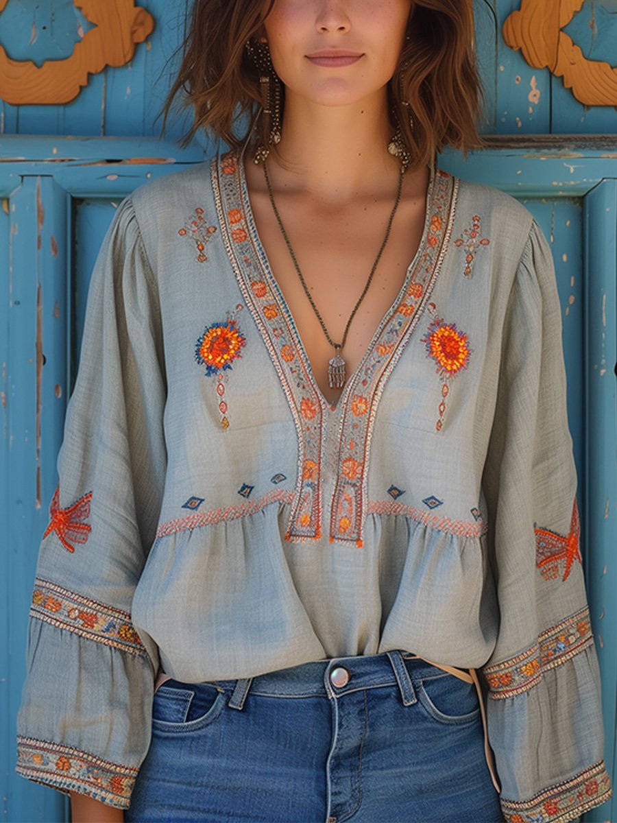 Women's Embroidered V-Neck Blouse Long Sleeve Cotton - VibreMode