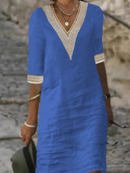 Women's Linen V-Neck Lace Dress