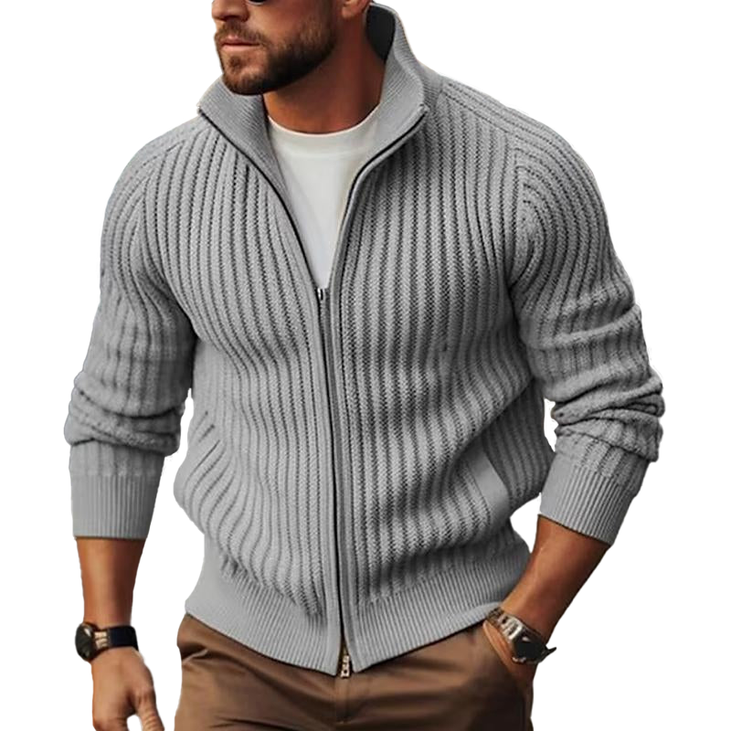 Men's Zip-Up Cardigan Ribbed Knit Stand Collar