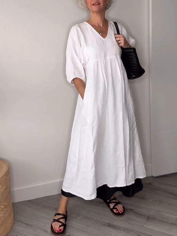 Elegant V Neck Waist Control Midi Dress with Pockets