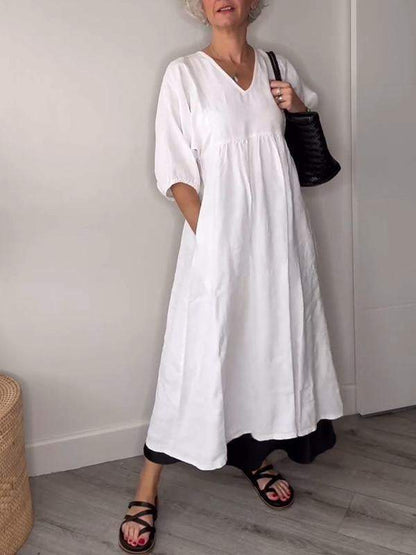 Elegant V Neck Waist Control Midi Dress with Pockets
