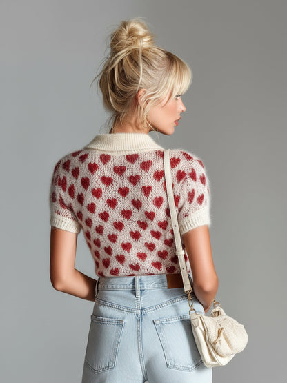Image of Judie | Women's Heart Print Short Sleeve Sweater Polo Shirt