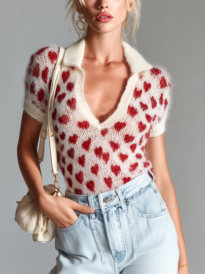 Women's Heart Print Polo Shirt Short Sleeve Sweater - VibreMode