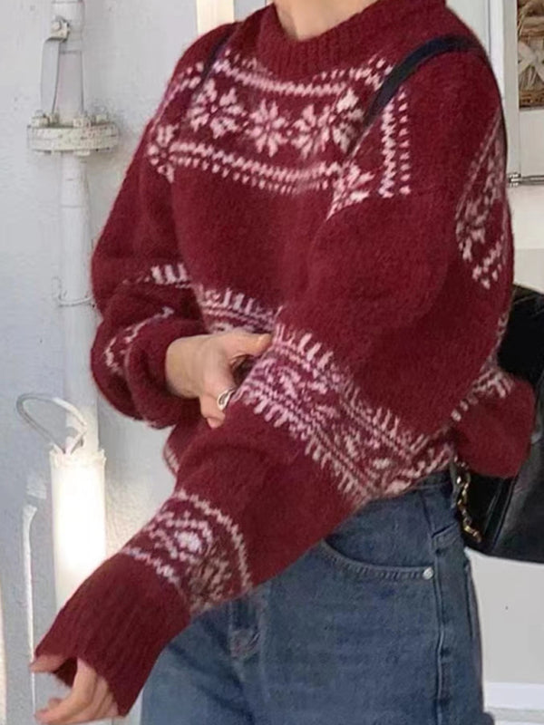 Women's Fair Isle Crew Neck Wool Sweater - VibreMode