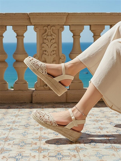 Womens Espadrille Wedge Sandals Crochet Adjustable Ankle Strap