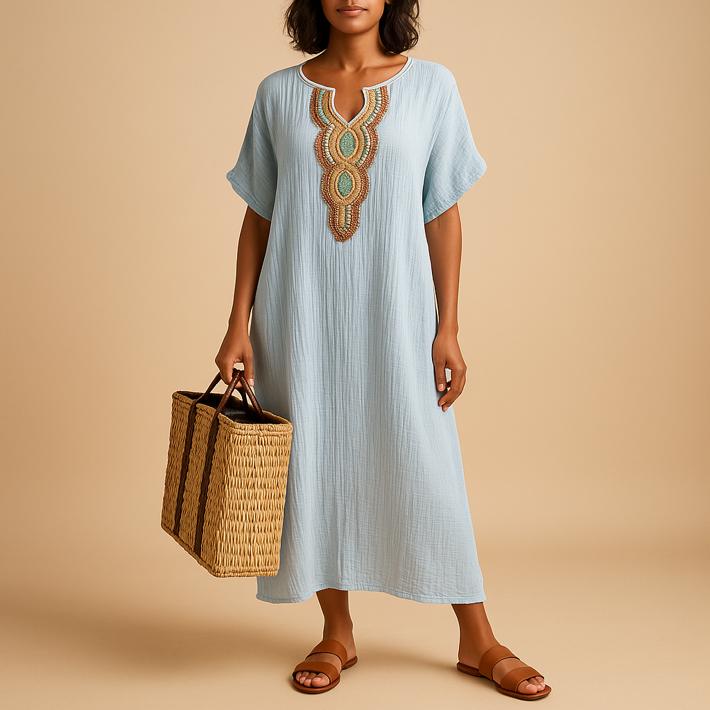 Women’s kaftan summer dress with airy flowy fit and lightweight design, perfect for beach days, vacations, and warm weather occasions.