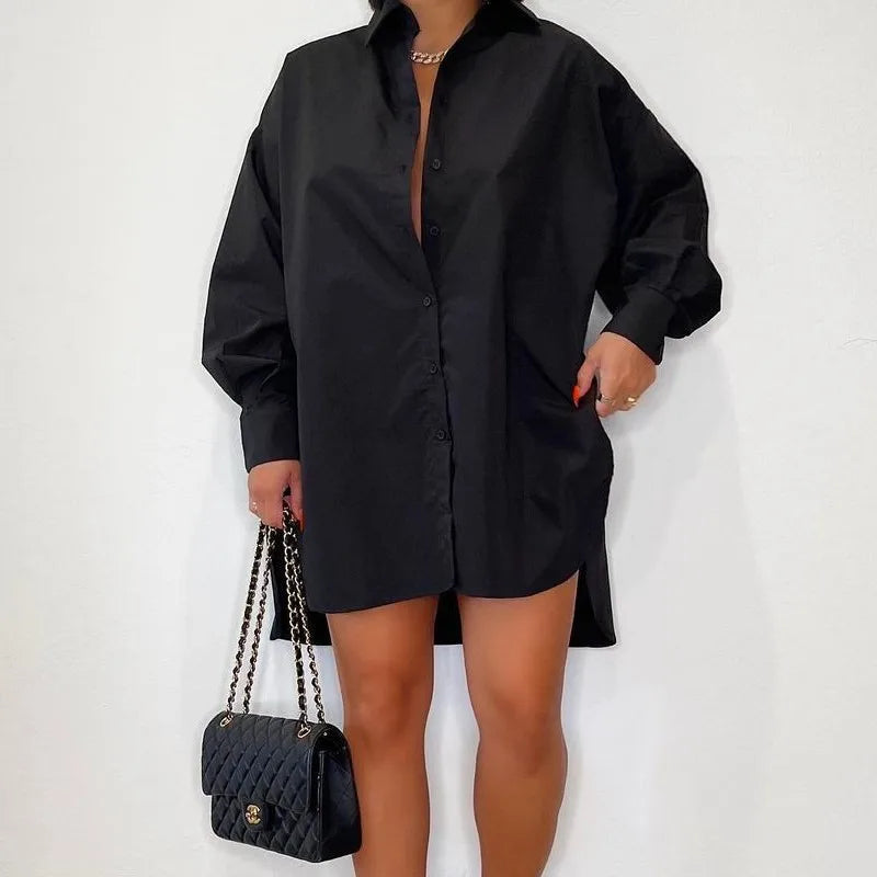 Women's Oversized Mini Dress Shirt Cotton Casual - VibreMode