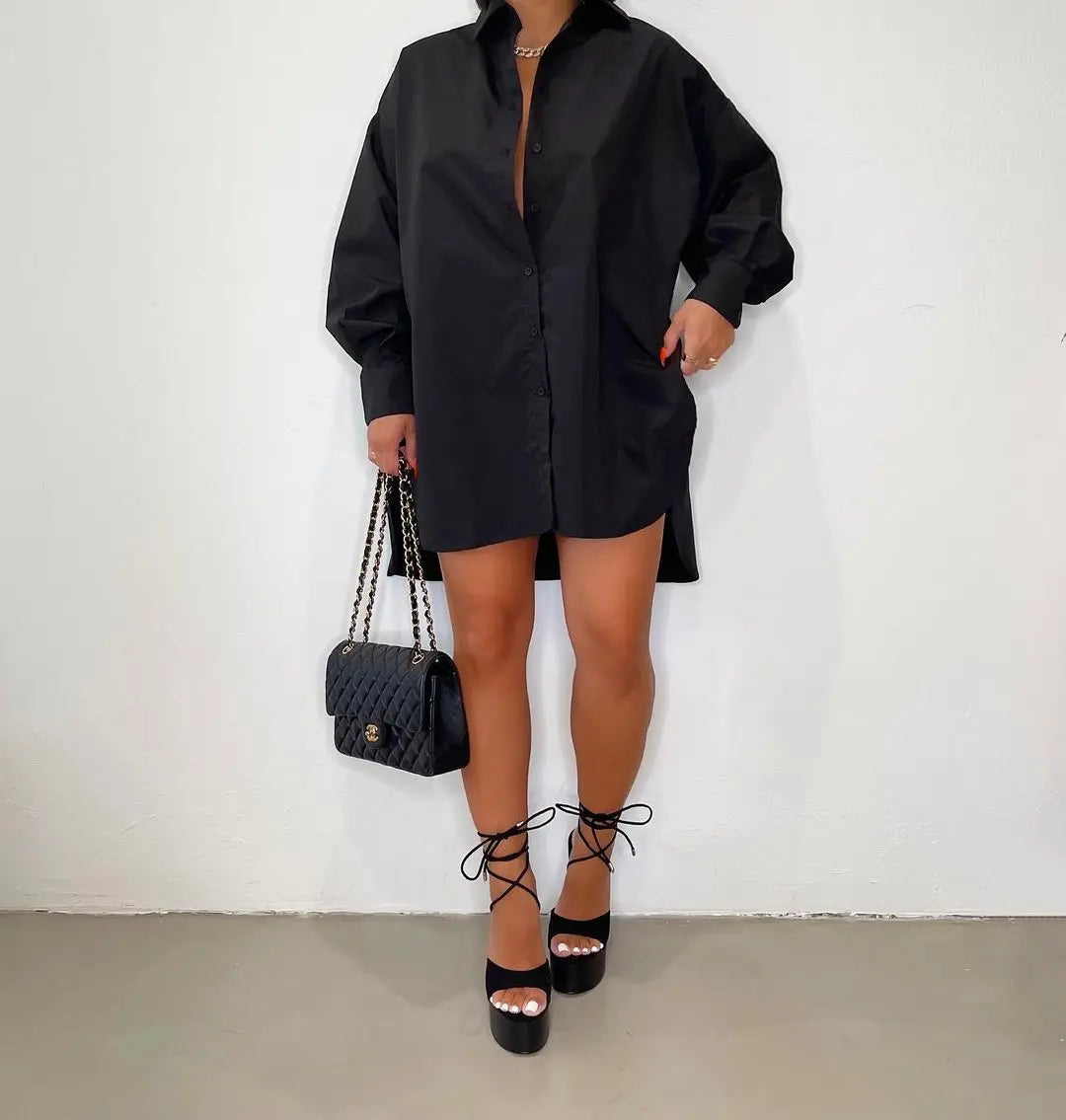 Women's Oversized Mini Dress Shirt Cotton Casual