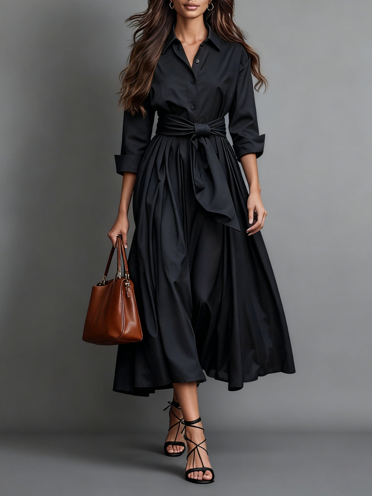 Women's Long Sleeve Midi Dress A-Line Cotton - VibreMode