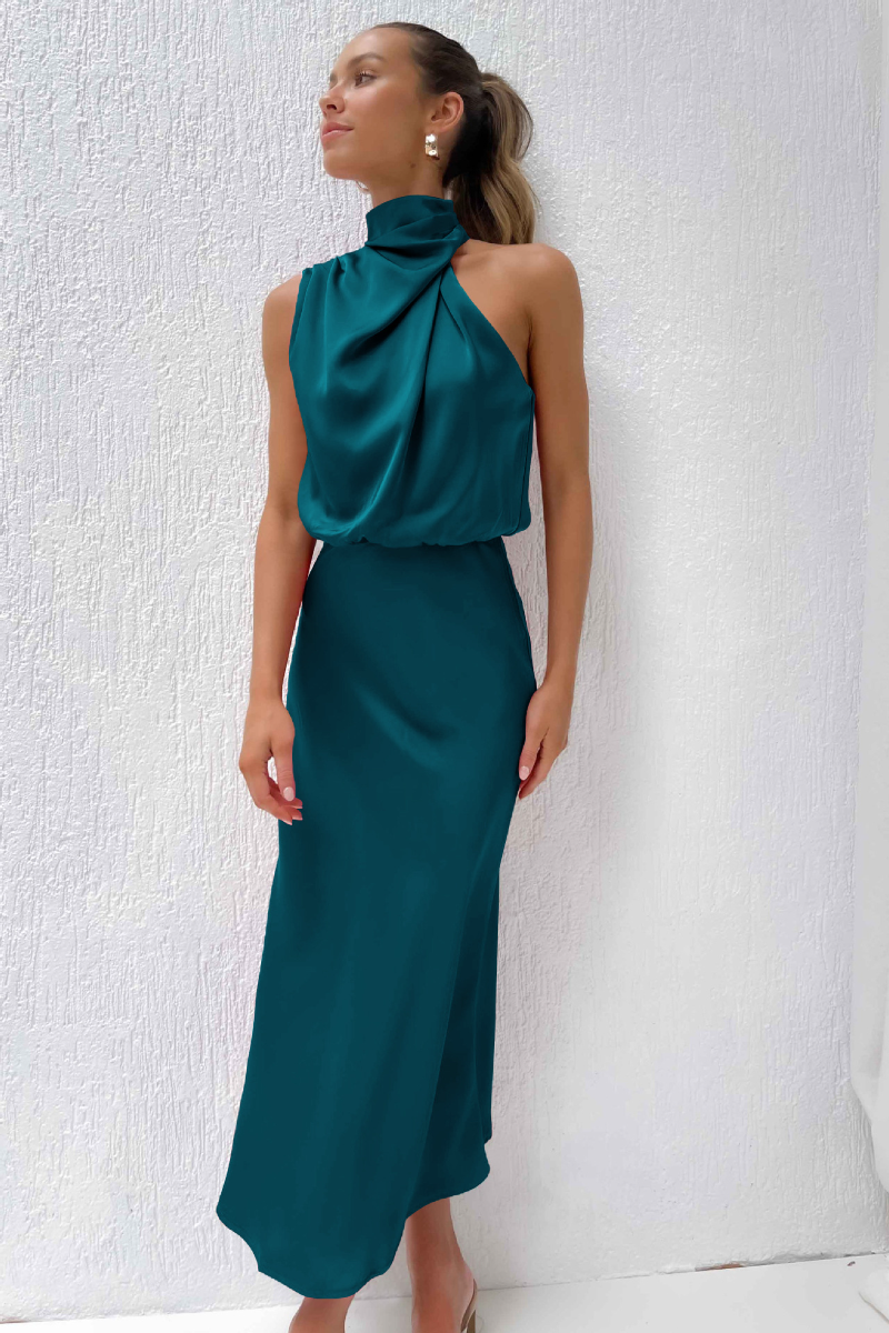 Image of Kathy | Women's Sleeveless High Neck A-Line Midi Dress