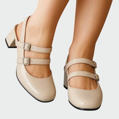 Women's Double Strap Block Heel Pumps Patent Leather