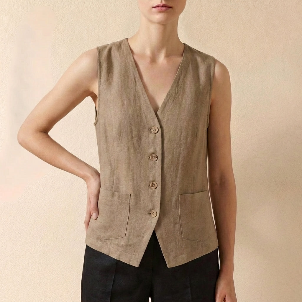Women's Relaxed Fit Vest Cotton Contrast Trim Patch Pockets