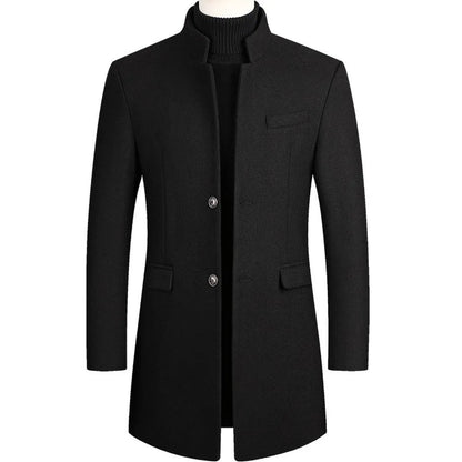 Men's Mandarin Collar Mid-Length Overcoat - VibreMode