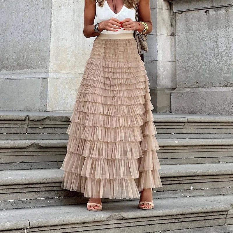 Women's High Waisted Ruffle Maxi Skirt - VibreMode