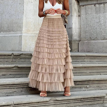 Women's High Waisted Ruffle Maxi Skirt - VibreMode