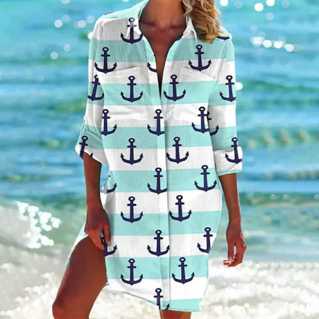 Women's Mini Shirt Dress Button-Down Cotton