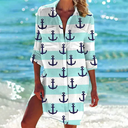 Women's Mini Shirt Dress Button-Down Cotton