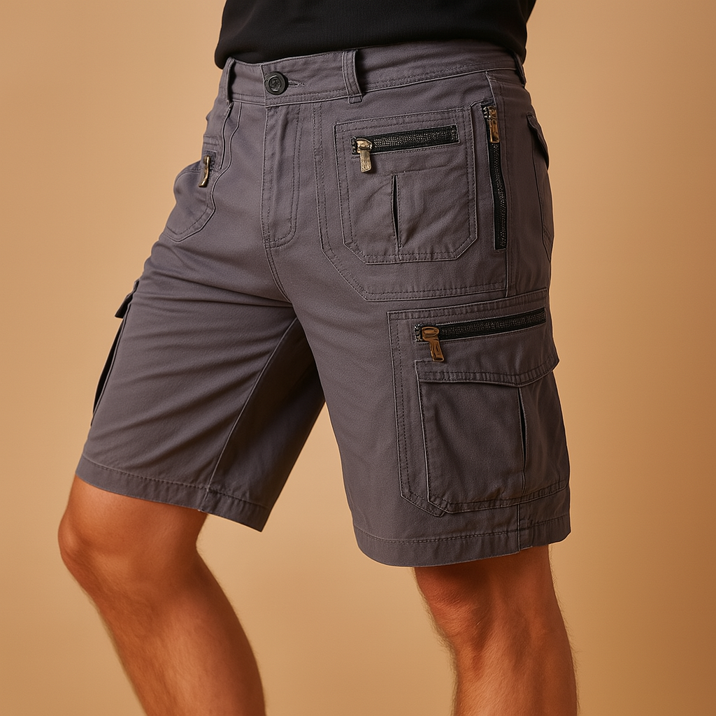 Men’s knee length cargo shorts with zip and flap pockets, designed for outdoor activities, casual wear, and everyday use.