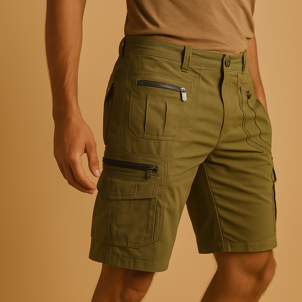 Men’s knee length cargo shorts with zip and flap pockets, designed for outdoor activities, casual wear, and everyday use.