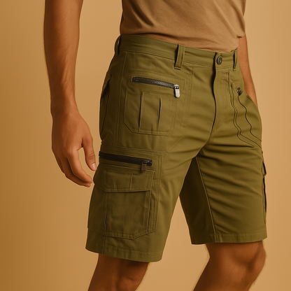 Men’s knee length cargo shorts with zip and flap pockets, designed for outdoor activities, casual wear, and everyday use.