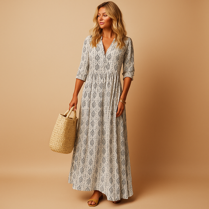 Knee-length summer dress for women with lightweight airy design and feminine fit, perfect for casual brunch, city walks, and stylish summer occasions.