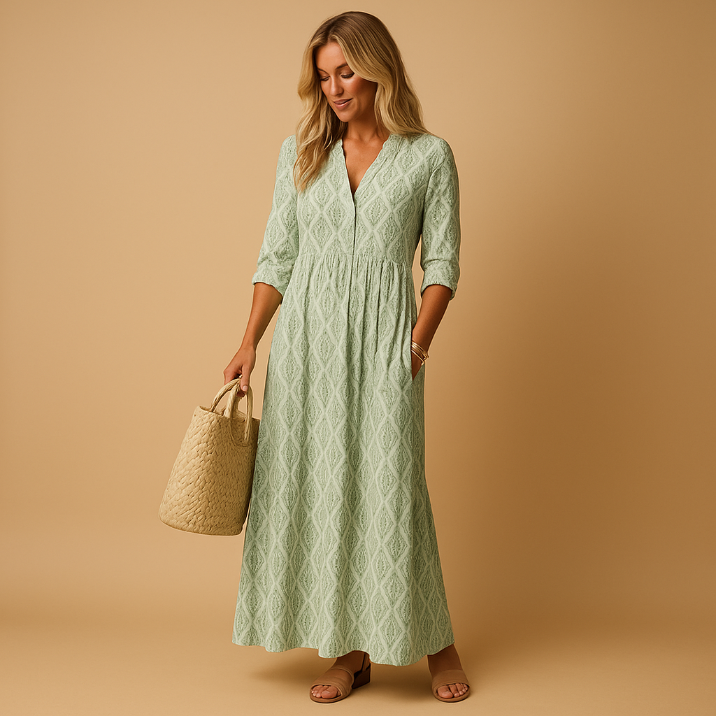 Knee-length summer dress for women with lightweight airy design and feminine fit, perfect for casual brunch, city walks, and stylish summer occasions.