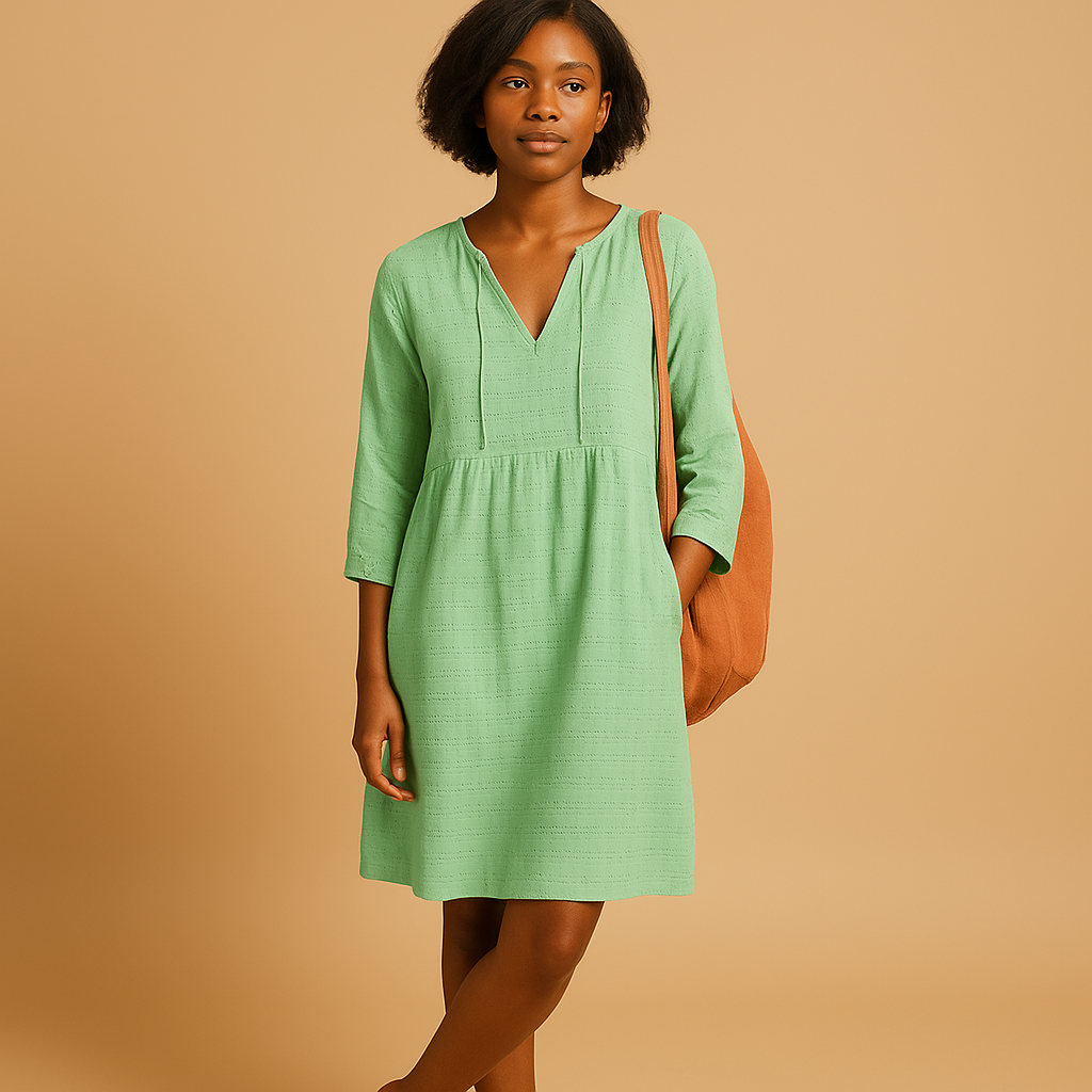 Knee length summer dress for women with short sleeves and flattering fit, perfect for casual outings, work, and warm-weather occasions.