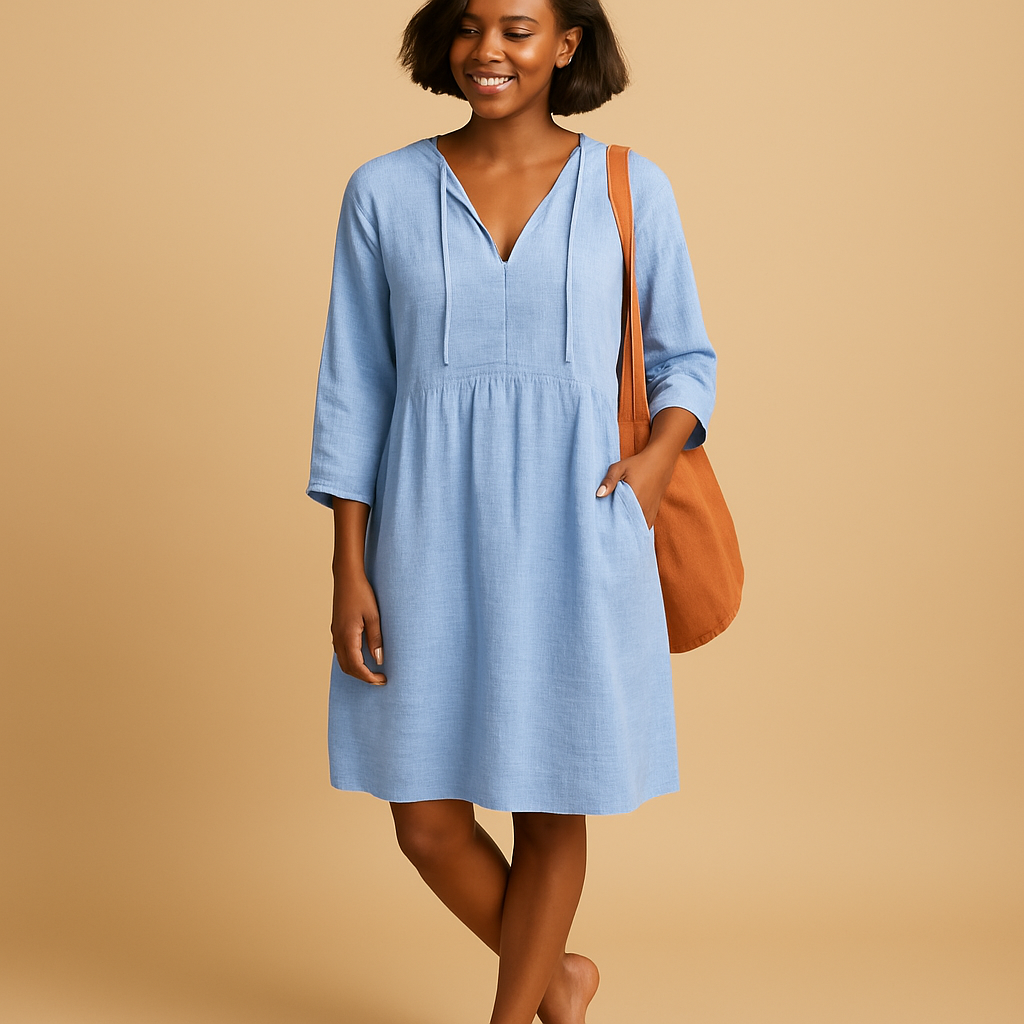 Knee length summer midi dress for women with short sleeves and soft cotton blend fabric, ideal for casual outings and formal occasions.