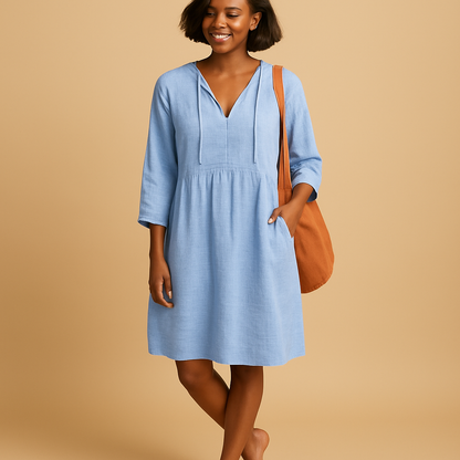 Knee length summer midi dress for women with short sleeves and soft cotton blend fabric, ideal for casual outings and formal occasions.