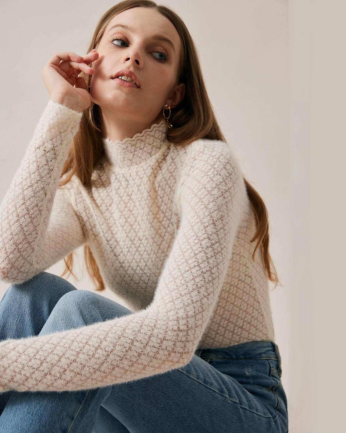 Women's Cashmere Turtleneck Sweater Lace Detail