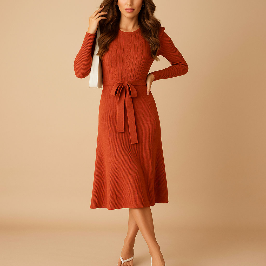 Women’s knitted long sleeve autumn dress with belt and round neckline in beige, black, gray, red, and green, perfect for everyday wear and office.
