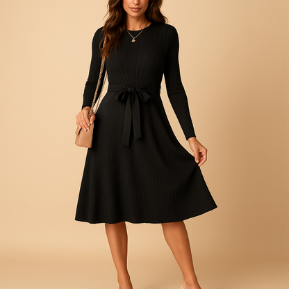 Women’s knitted long sleeve autumn dress with belt and round neckline in beige, black, gray, red, and green, perfect for everyday wear and office.